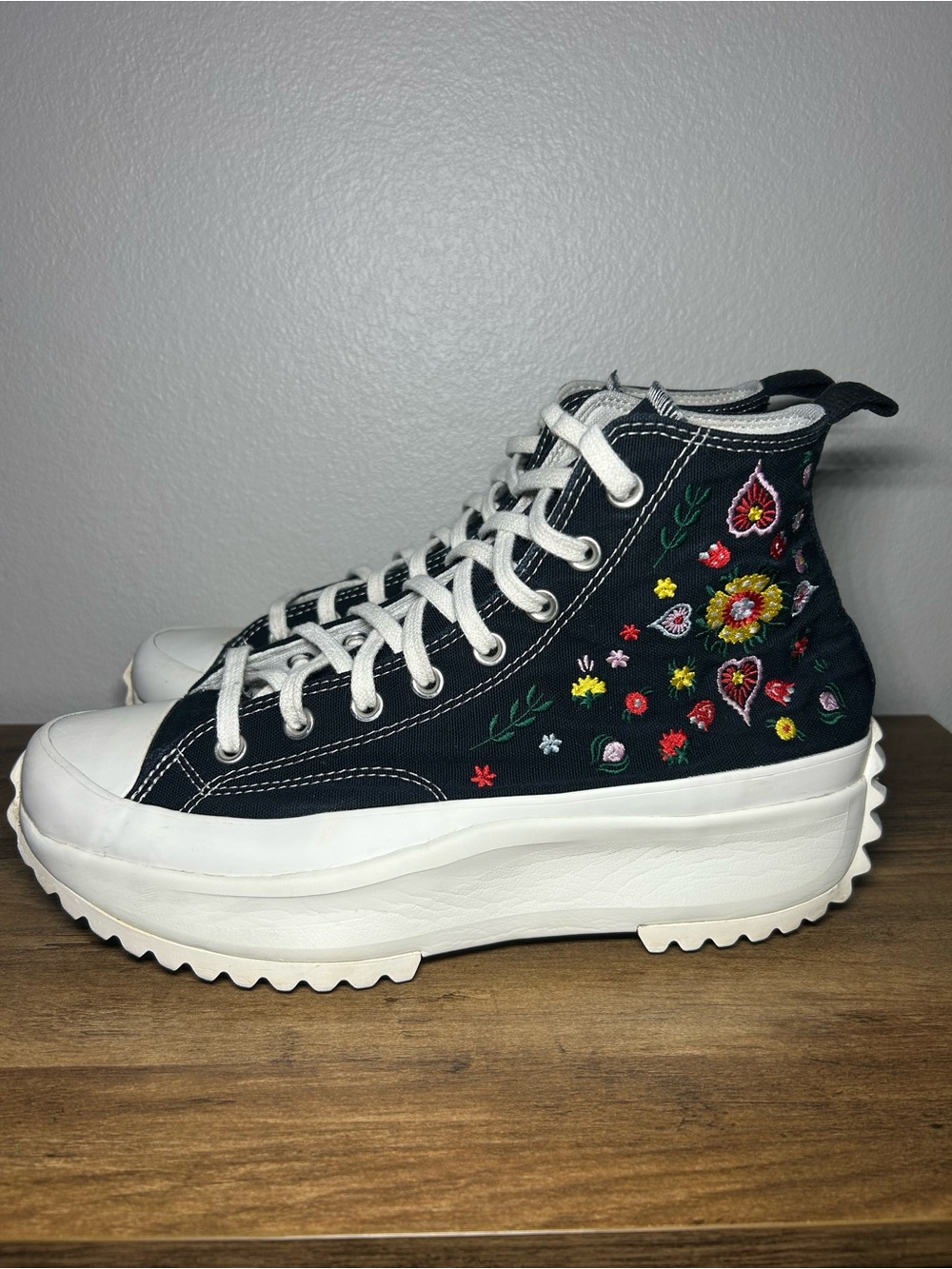 Converse Black High-Top Platform Sneakers with Multicolor Floral Embroidery